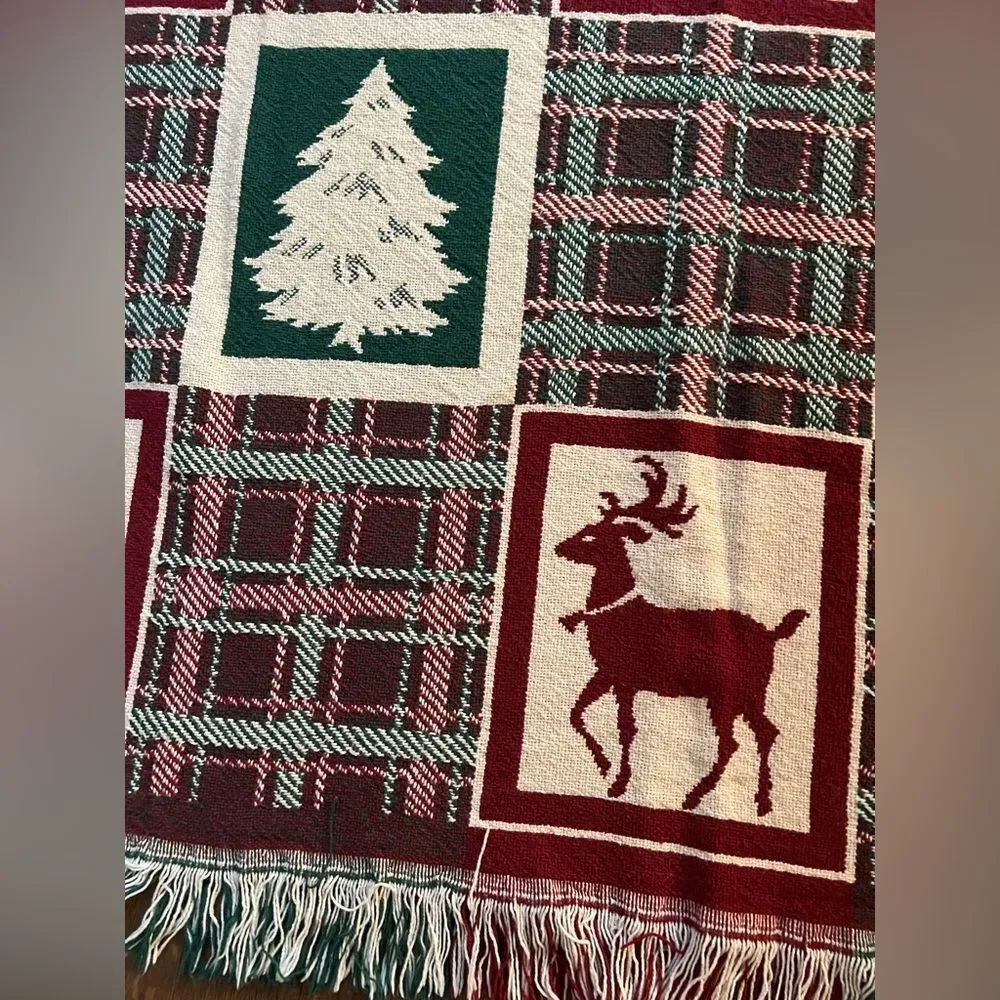 Vintage Woven Cotton Tapestry Fringed Christmas Throw Blanket trees reindeer